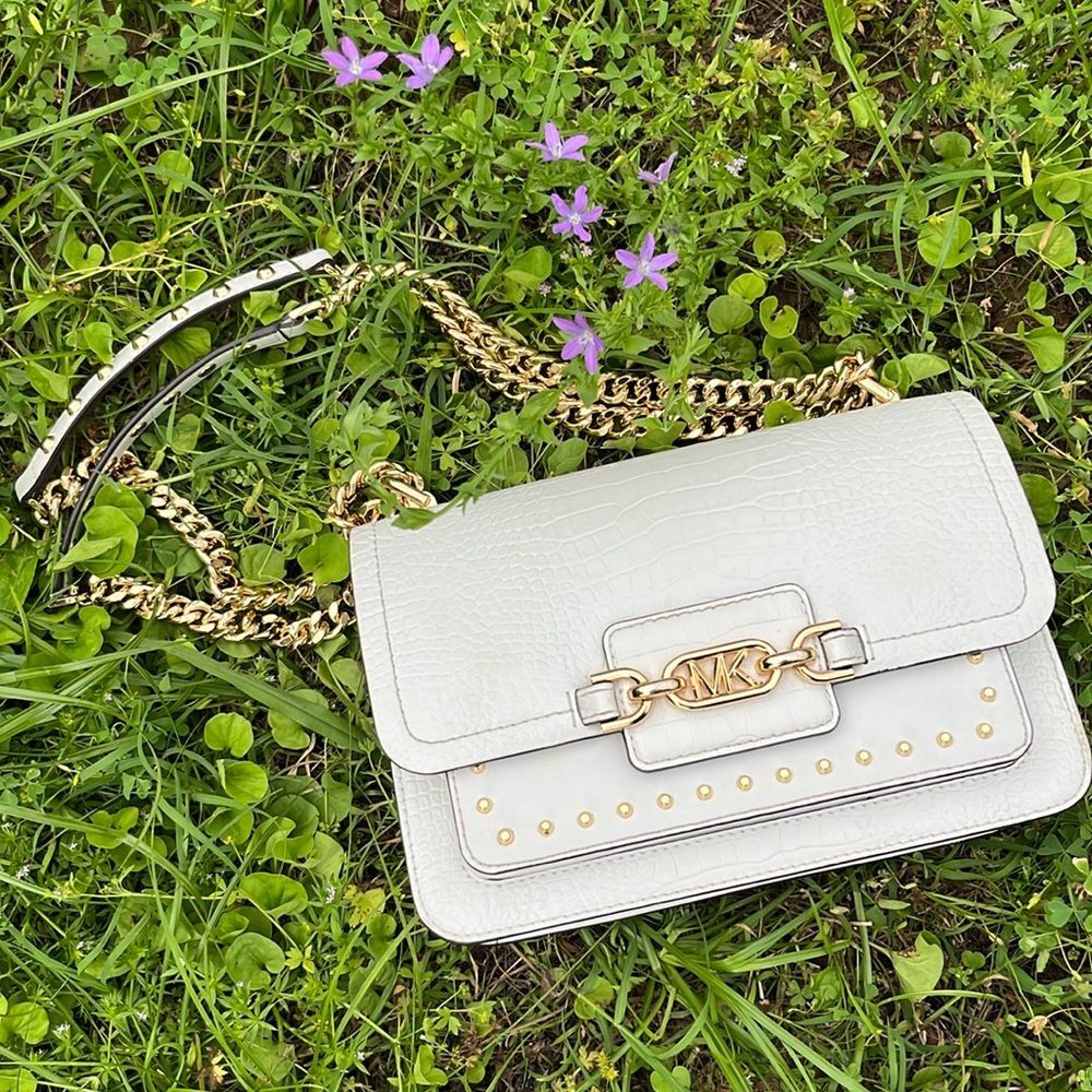 MK MICHAEL KORS Heather Large Studded Crocodile Embossed Leather Shoulder Bag